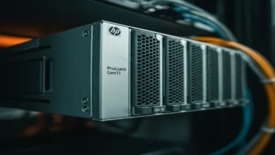 تصویر سرور HPE ProLiant Gen11 نصب شده در رک با نورپردازی حرفهای و بافت فلزی دقیق