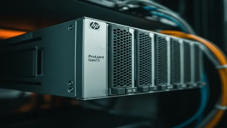 تصویر سرور HPE ProLiant Gen11 نصب شده در رک با نورپردازی حرفه‌ای و بافت فلزی دقیق